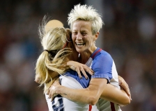 United States of America midfielder Lindsey Horan (9) and midfielder Megan Rapinoe (15) celebrate Horan's goal in the first half of the international friendly match between the United States and New Zealand National Teams at Nippert Stadium in Cincinnati, on Tuesday, Sept. 19, 2017. USA led 2-0 at halftime.